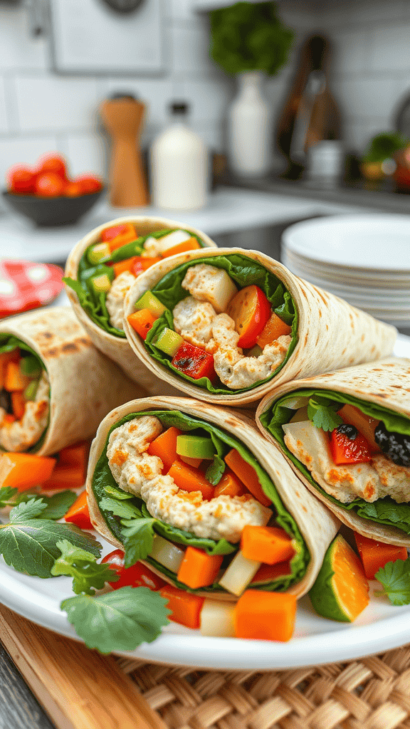 A plate of grilled vegetable wraps filled with colorful vegetables like peppers and lettuce, ready to eat.