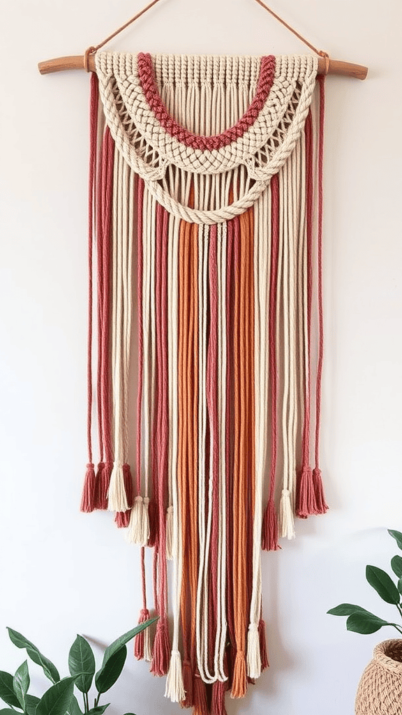 A handmade yarn wall hanging with various colors and tassels.