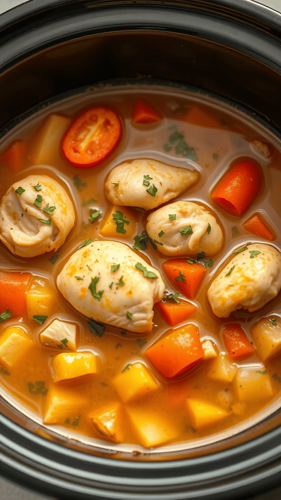 A close-up of a chicken and vegetable stew in a crockpot, featuring pieces of chicken, diced vegetables, and a rich broth.