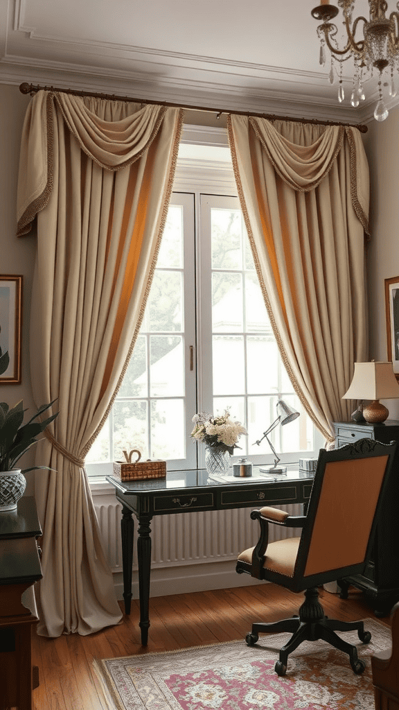 A well-decorated home office featuring heavy drapes framing a large window, with a stylish desk and chair.