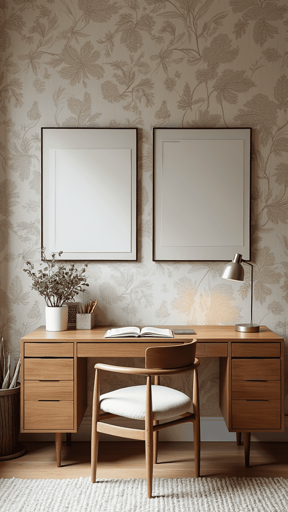 A cozy workspace featuring a wooden desk, a minimalist chair, and floral wallpaper, with empty frames on the wall.