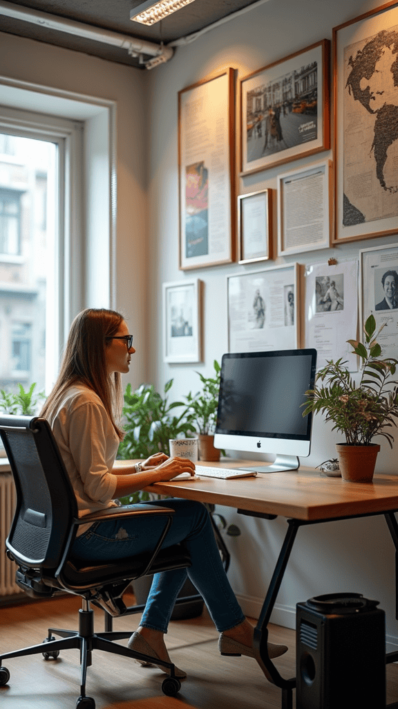 A woman working in a feminine home office with plants and framed artwork.