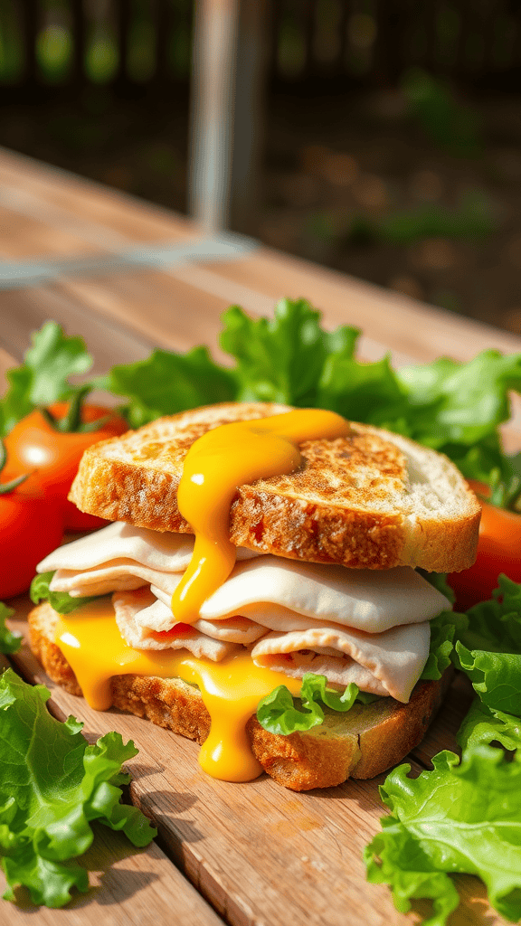 A delicious sandwich with turkey, Swiss cheese, honey mustard, lettuce, and tomatoes on toasted bread.