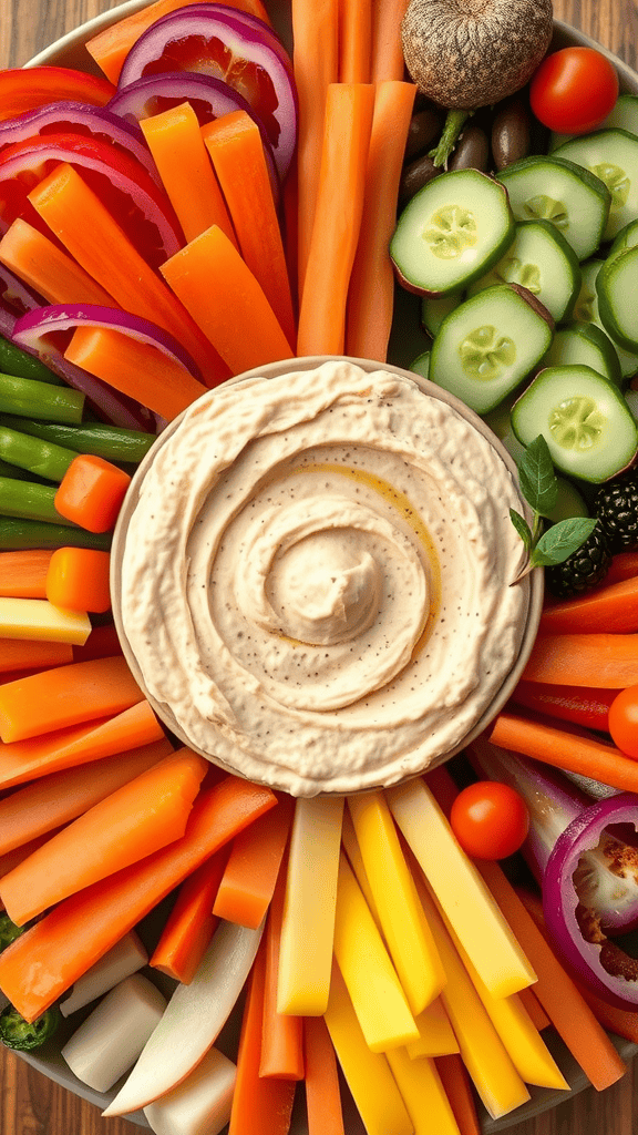 A vibrant platter featuring hummus surrounded by an assortment of fresh vegetables like carrots, cucumbers, and bell peppers.