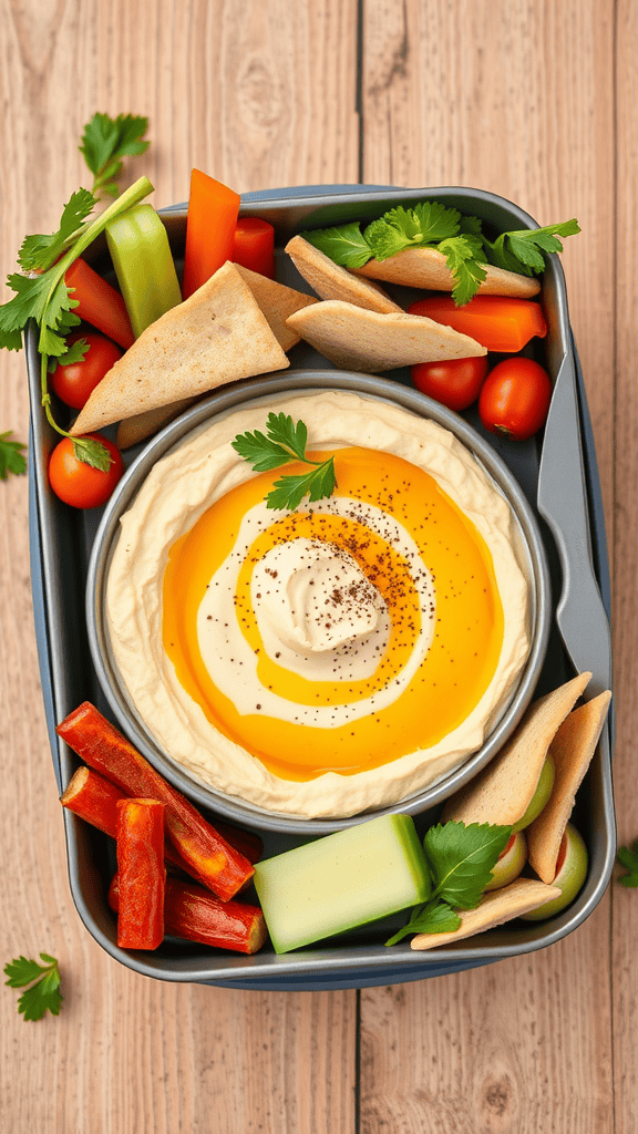 A snack pack featuring hummus, assorted veggies, and pita chips arranged in a container.