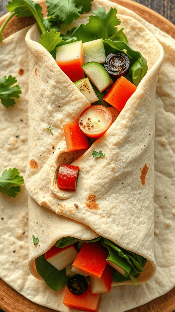 A colorful hummus and veggie wrap filled with fresh vegetables and hummus, placed on a rustic wooden surface.