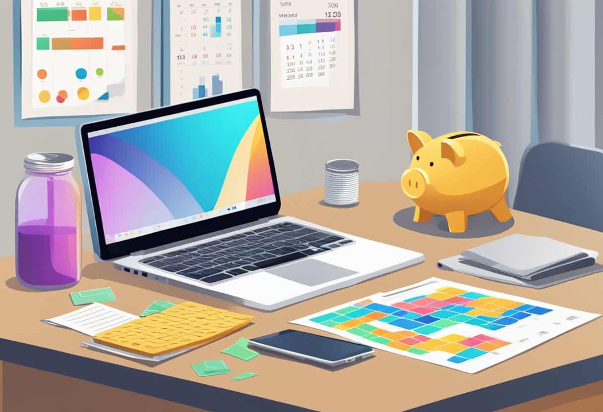 A desk with a laptop, calculator, and colorful charts. A piggy bank and jar of coins sit nearby. A calendar marks the 6-month goal