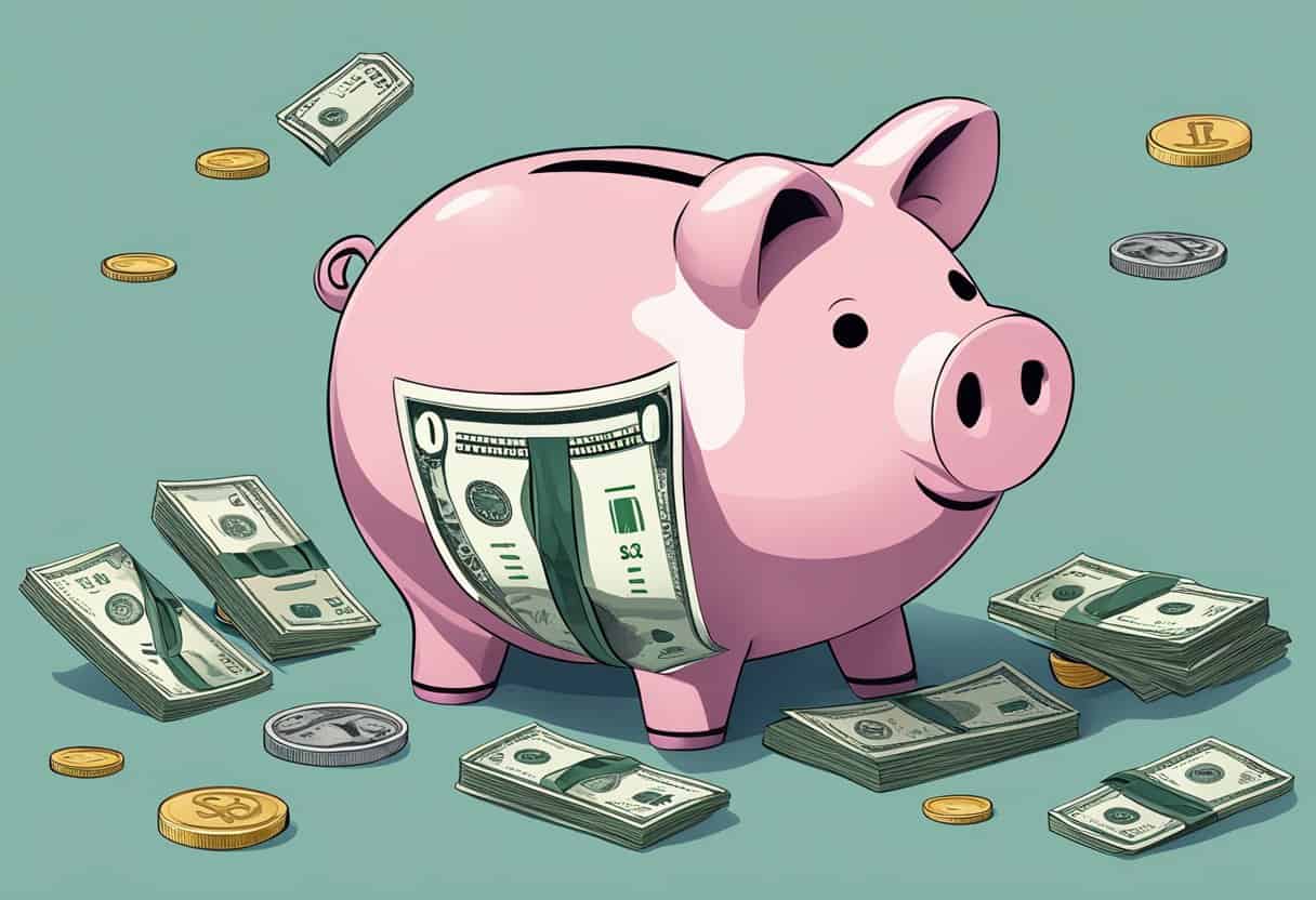 A piggy bank being filled with money each month until it reaches $10,000 in 6 months