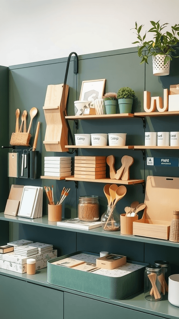 A well-organized shelf displaying various eco-friendly supplies and utensils.