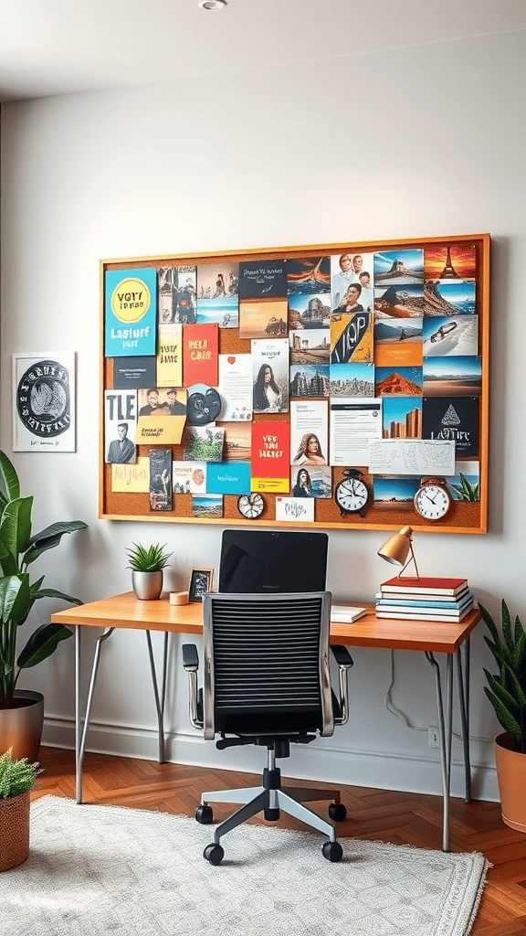 A vision board displaying motivational quotes and images, positioned above a modern desk with a computer and plants.