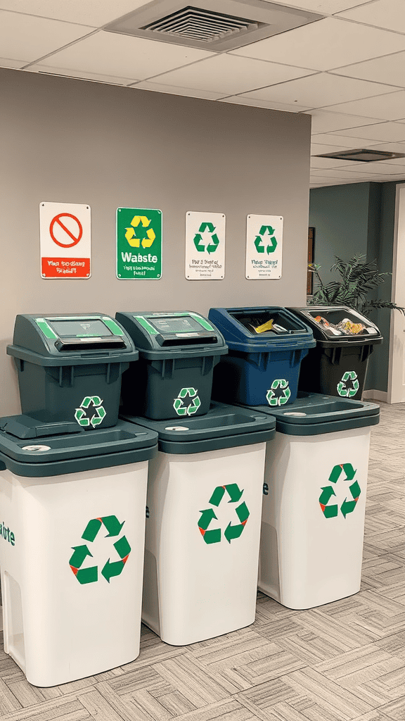 A set of recycling and waste bins with clear labels in an office environment.