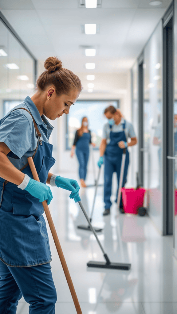 A team of cleaners using eco-friendly products in a bright, modern hallway.