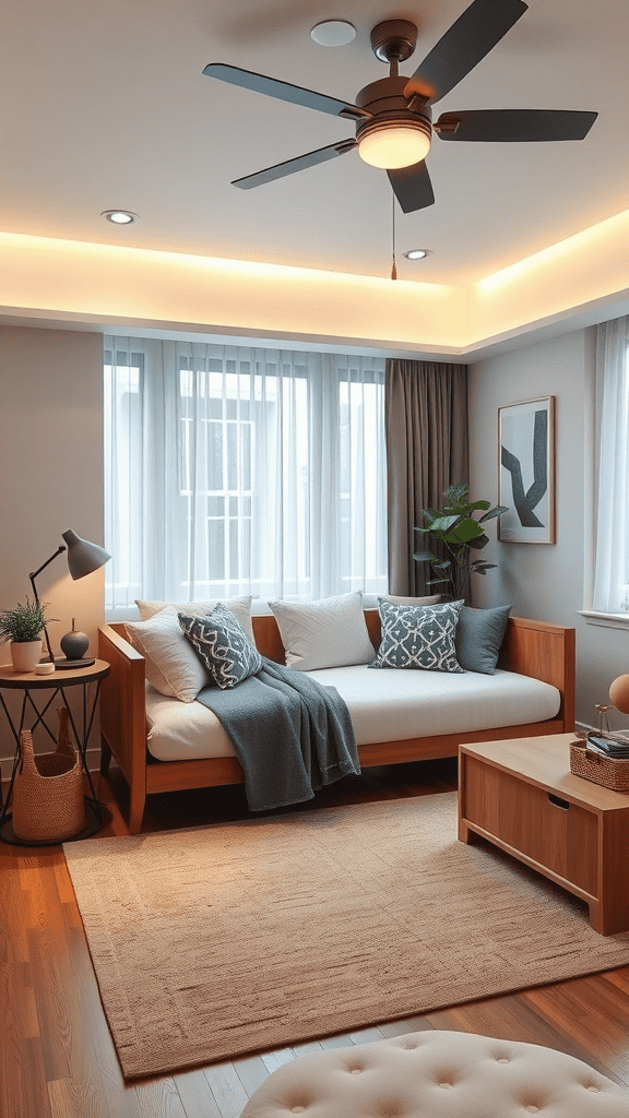 Cozy living space featuring a daybed with soft throw and decorative pillows, complemented by natural light and stylish decor.