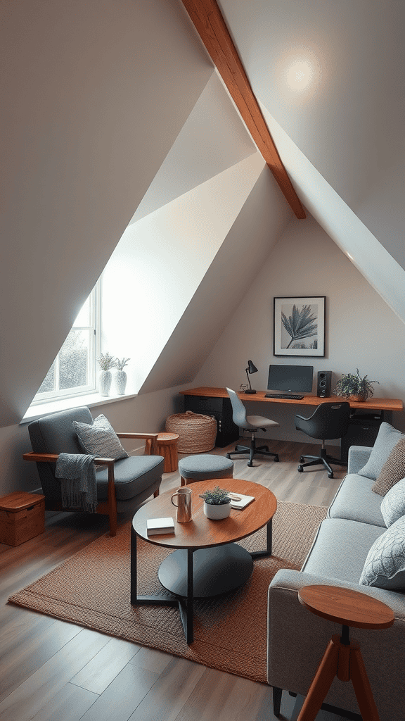 Cozy lounge area in an attic with comfortable seating and a stylish coffee table.