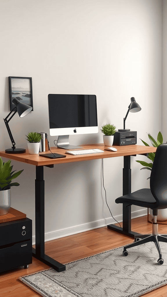 A modern standing desk setup with an Apple computer, plants, and stylish lighting.