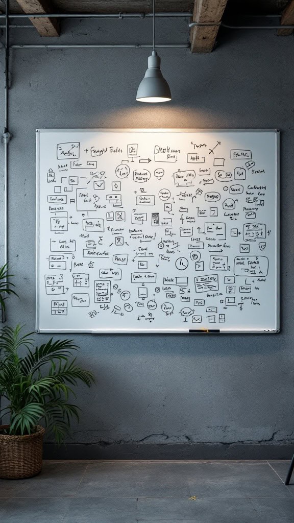 A whiteboard filled with handwritten notes and diagrams, showcasing creative ideas and brainstorming.