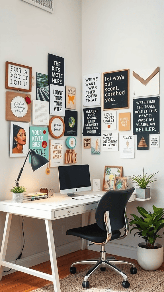 A workspace with a wall of inspirational art and quotes, a desk with a computer and a plant, creating a motivating atmosphere.