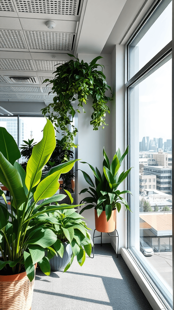 Indoor plants placed near a large window, showcasing biophilic design in an office setting.