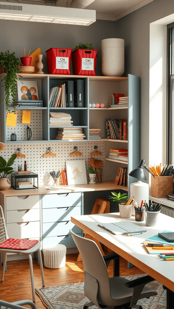 A bright and organized crafting space with shelves, plants, and art supplies.