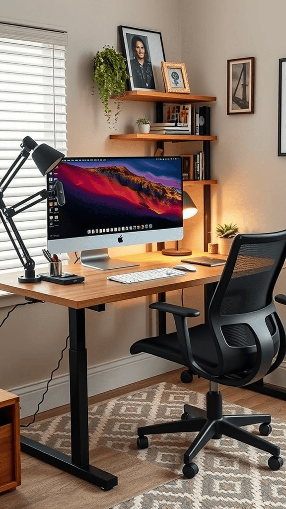 A modern ergonomic home office setup featuring an adjustable desk, comfortable chair, and stylish decor.