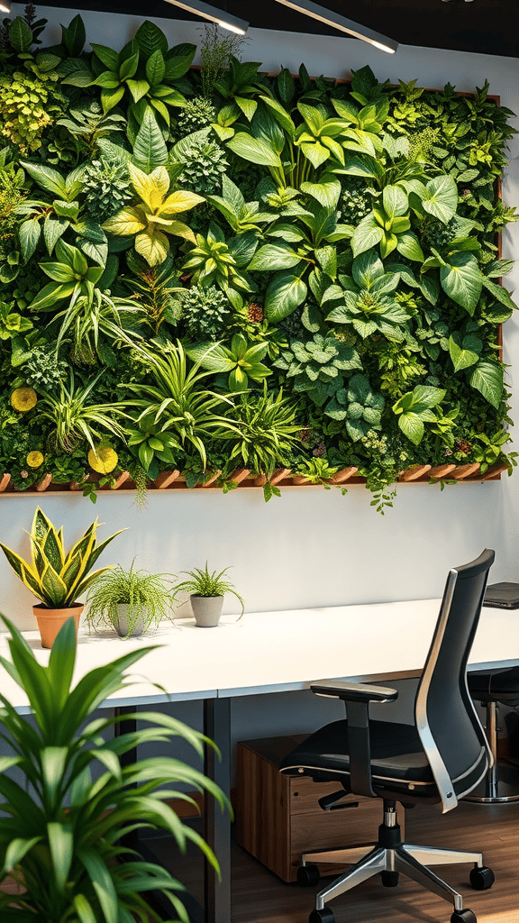 A vibrant green wall filled with various plants in an office setting.