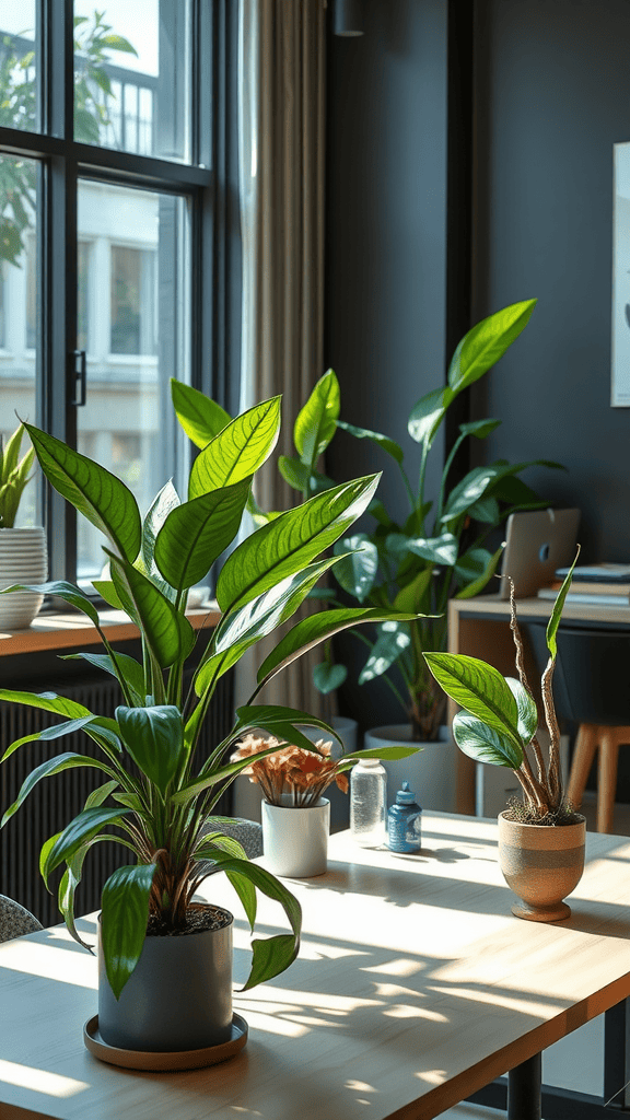 Indoor plants on a table near a window, creating a bright and inviting atmosphere.