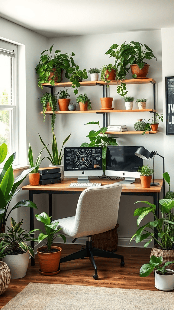 A cozy home office with a wooden desk surrounded by various plants, featuring shelves filled with potted greenery and two computers.