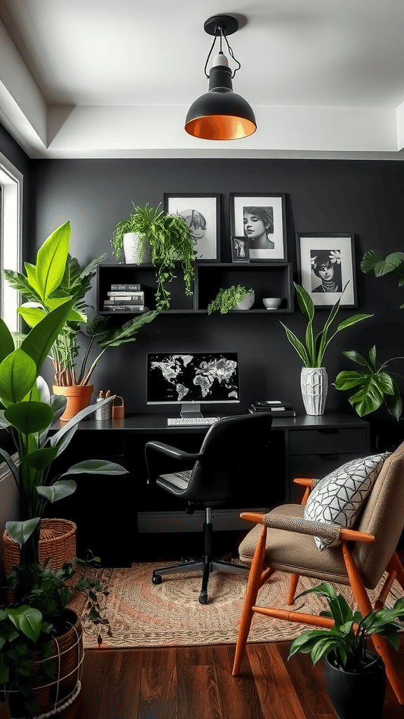 A stylish home office featuring a black wall, a desk with a computer, and various plants decorating the space.