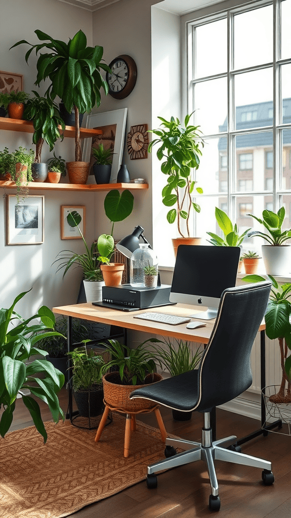 A cozy office space filled with various indoor plants around a desk.