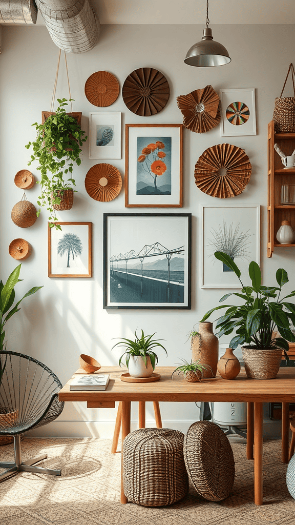 A cozy interior featuring a wooden table, potted plants, and a gallery wall of local art and crafts.