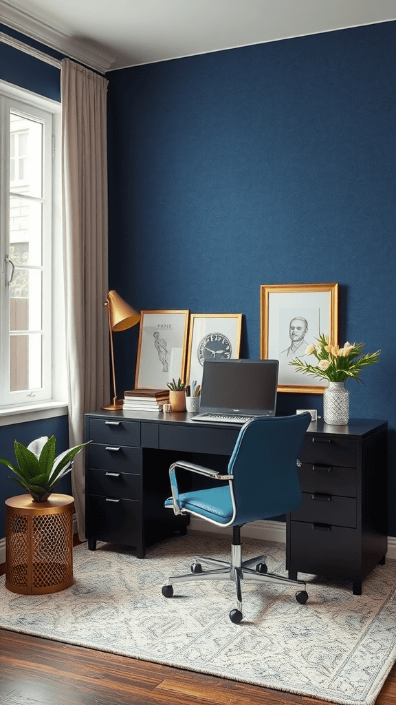 A stylish office space featuring navy walls, a black desk, and metallic accents.