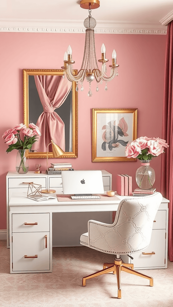 Cozy home office with pink walls, floral arrangements, and metallic accents.