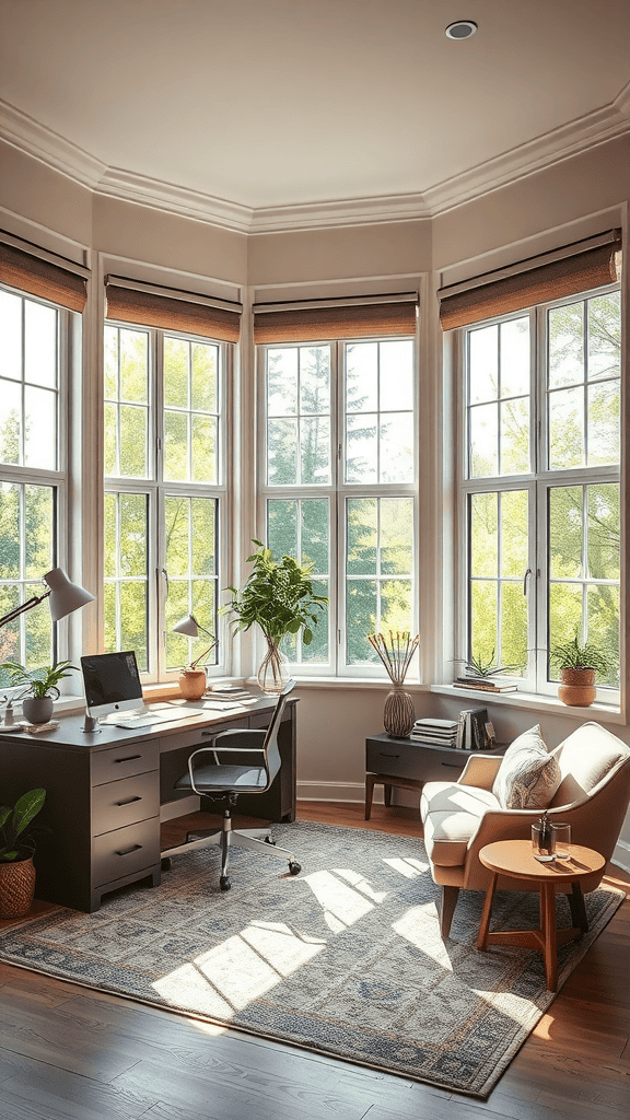 A bright and airy home office with large windows, a wooden desk, and a cozy chair, showcasing the benefits of natural light.