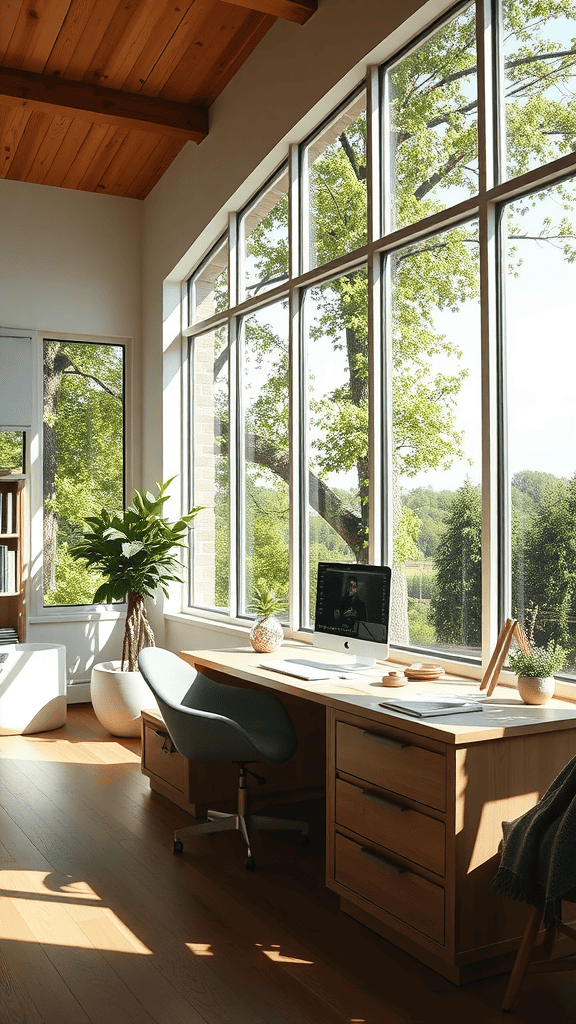 A bright home office with large windows allowing natural light to fill the space.