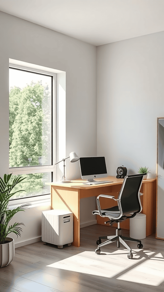 Bright and inviting office corner with natural light, plants, and a modern desk setup.