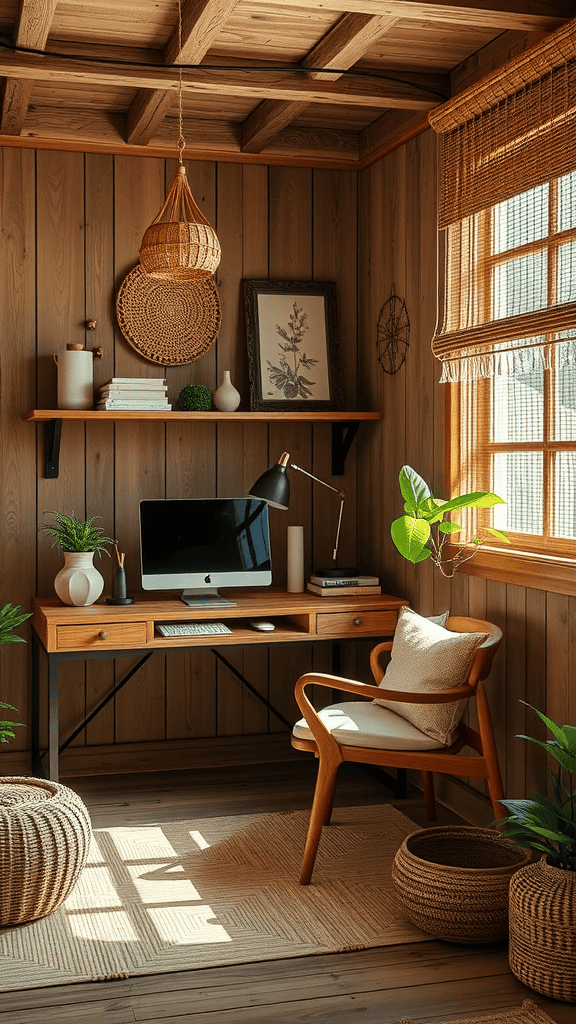 A cozy workspace featuring wooden walls, a stylish desk, and natural decor elements.