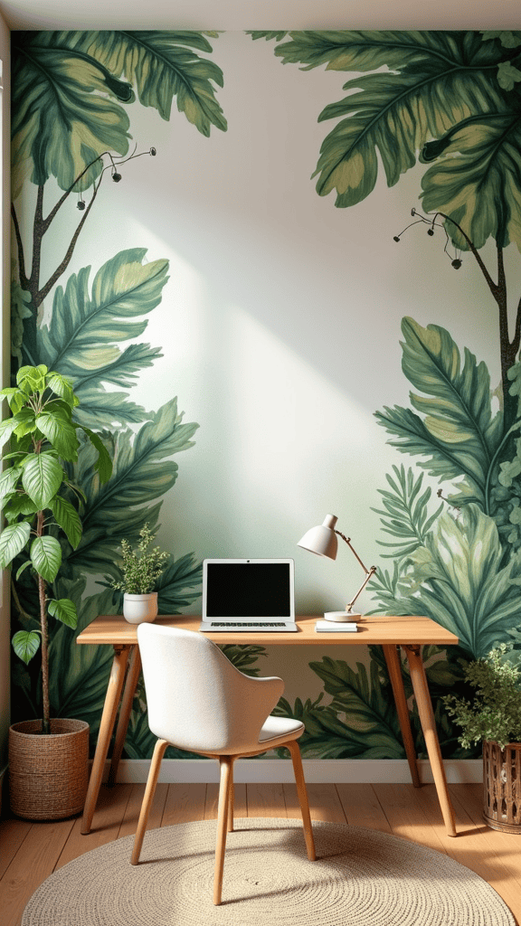 A cozy workspace featuring a nature-inspired wall mural with green leaves, a wooden desk, a chair, and potted plants.