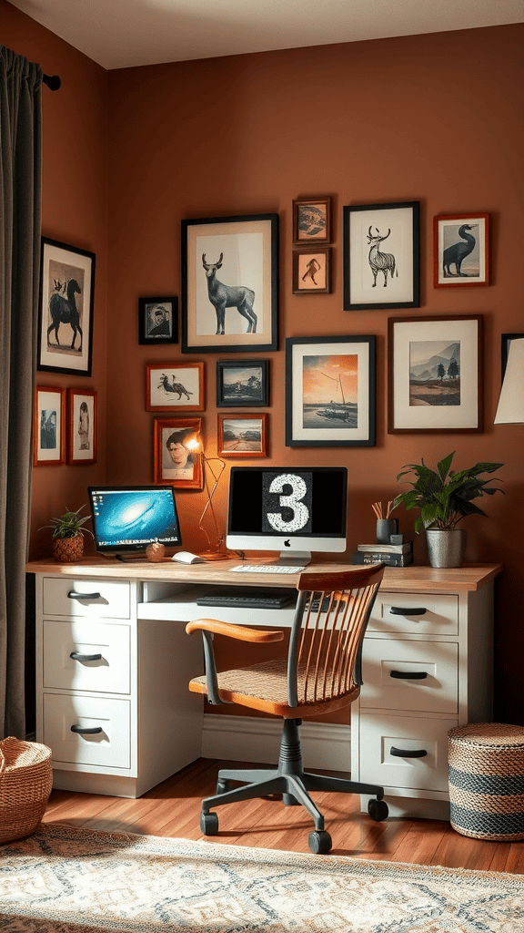 A cozy home office featuring a desk, computer, and a gallery wall filled with framed art.