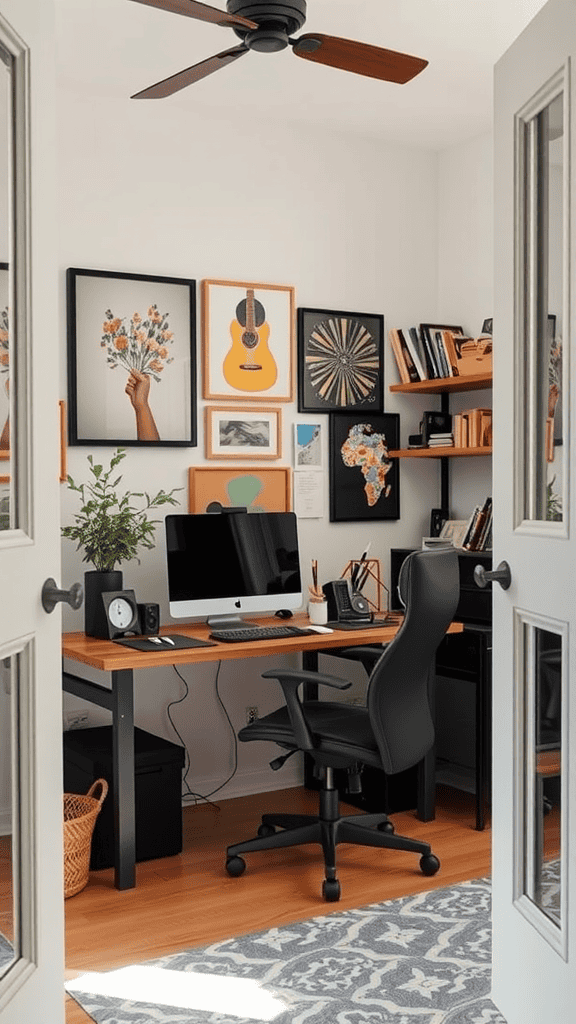 A cozy home office with artistic decor, a desk, and a computer