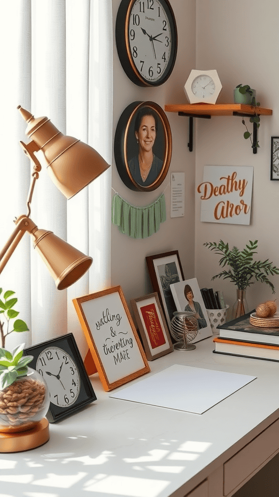 A cozy workspace featuring personal keepsakes like photos and decorative items.