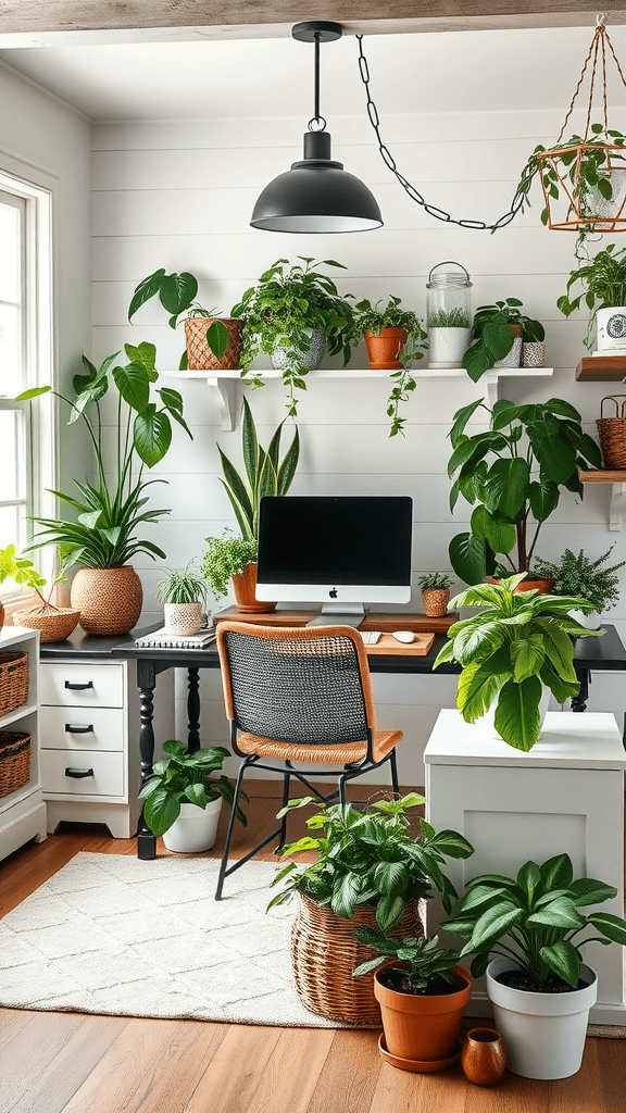 A bright home office with various plants, a desk, and warm decor.