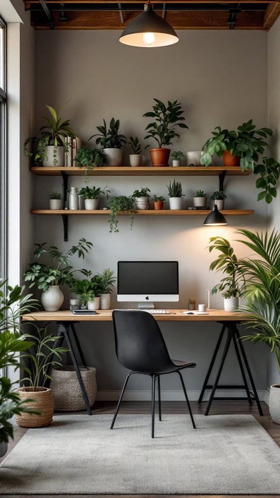 A modern home office featuring a desk with a computer, surrounded by various potted plants on shelves and the floor.