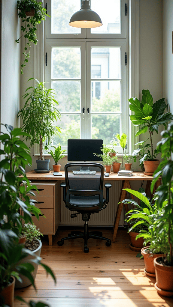 A stylish home office with a desk surrounded by various indoor plants and natural light coming through the window.