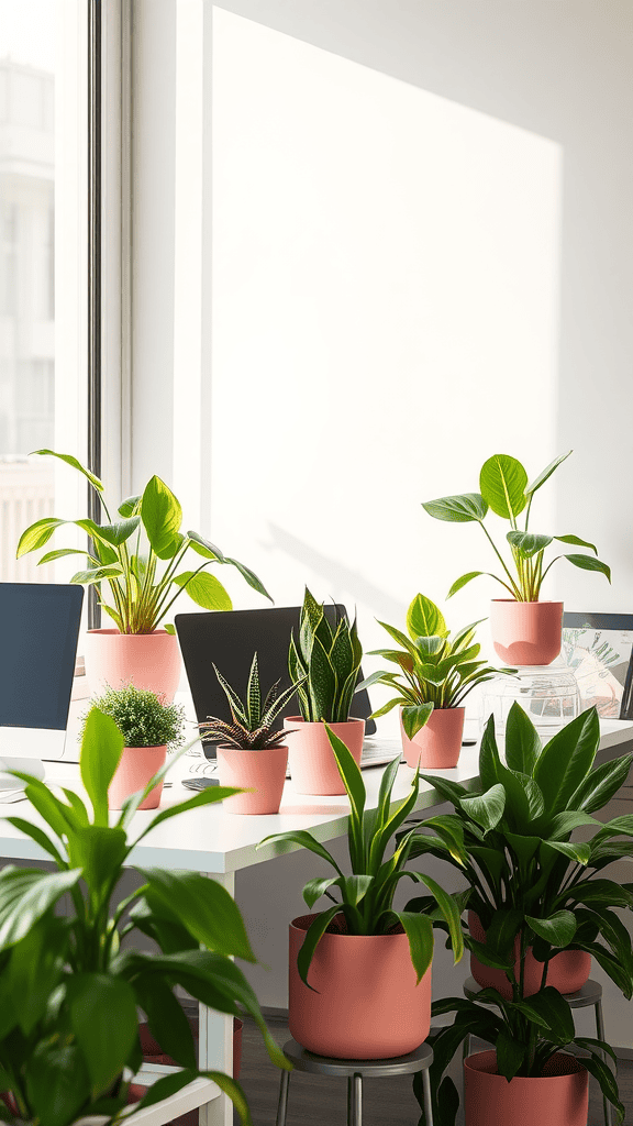 A cozy home office with plants in pink pots, providing a vibrant and inviting workspace.