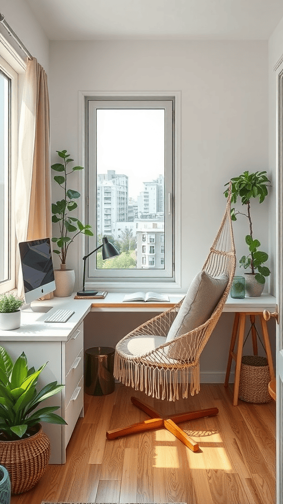 A bright office space with a comfortable hanging chair, plants, and a modern desk setup.