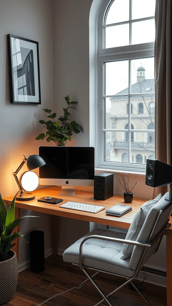 A cozy workspace with a computer, plants, and speakers by a window.