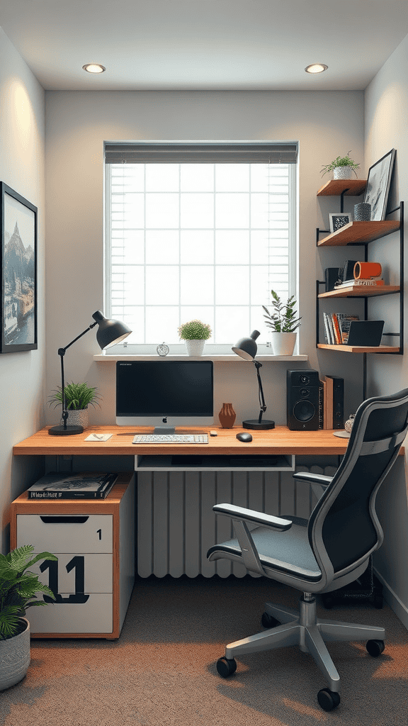 A modern home office with a computer, desk lamp, and plants