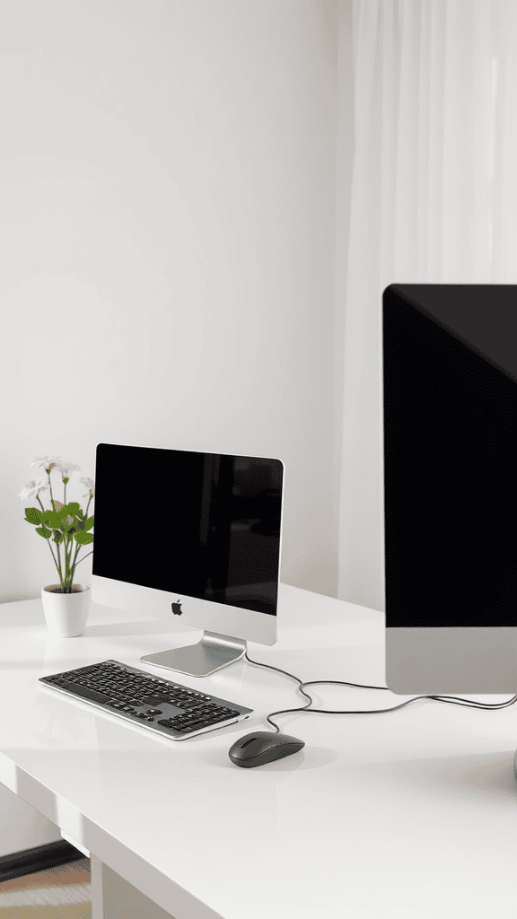 A minimalist home office setup featuring two sleek computers, a keyboard, and a potted plant.