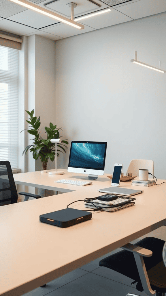 A modern workspace featuring a desk with a computer, phone, and plants.