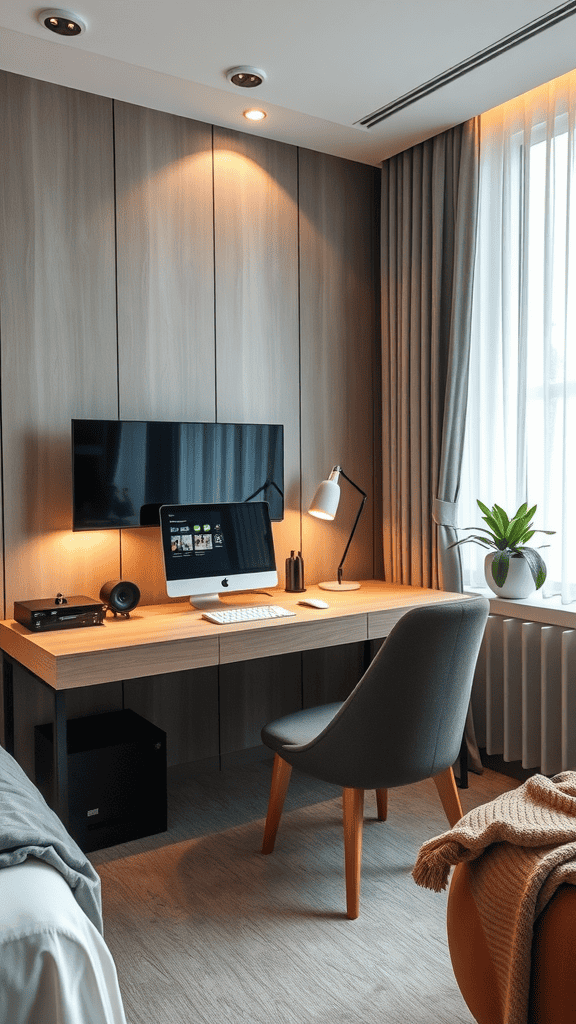 A modern home office featuring a desk with a computer, stylish chair, and natural lighting from a window.